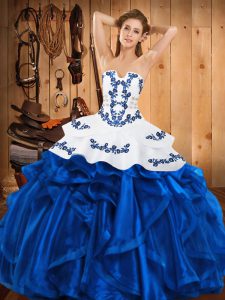 Low Price Ball Gowns Quinceanera Dresses Blue Strapless Satin and Organza Sleeveless Floor Length Lace Up