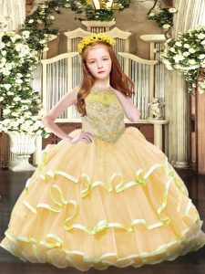 Stylish Gold Sleeveless Organza Zipper Little Girls Pageant Dress Wholesale for Party and Quinceanera