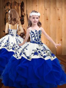 High End Organza Straps Sleeveless Lace Up Embroidery and Ruffles Glitz Pageant Dress in Royal Blue