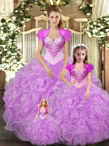 Enchanting Lilac Ball Gowns Beading and Ruffles Quinceanera Gown Lace Up Tulle Sleeveless Floor Length