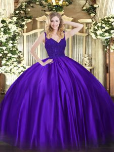 Floor Length Ball Gowns Sleeveless Purple Quinceanera Gowns Backless