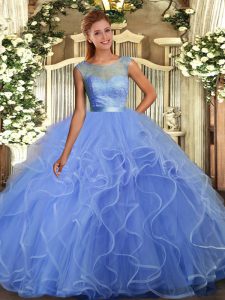 Modest Scoop Sleeveless Backless Quinceanera Gown Blue Organza