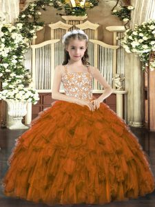 Customized Sleeveless Floor Length Beading and Ruffles Lace Up Kids Formal Wear with Brown