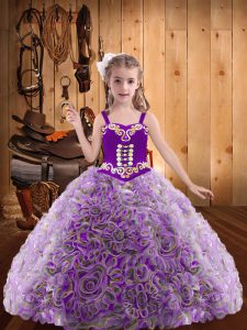 Best Multi-color Ball Gowns Fabric With Rolling Flowers Straps Sleeveless Embroidery and Ruffles Floor Length Lace Up Custom Made Pageant Dress