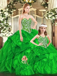 Custom Designed Beading and Ruffles Quinceanera Dress Green Lace Up Sleeveless Floor Length