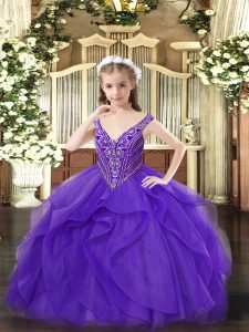 Custom Made Ball Gowns Girls Pageant Dresses Eggplant Purple V-neck Tulle Sleeveless Floor Length Zipper