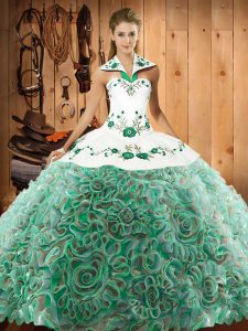 Deluxe Multi-color Halter Top Neckline Embroidery Quinceanera Gowns Sleeveless Lace Up