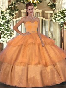 Sumptuous Sweetheart Sleeveless Organza Quince Ball Gowns Beading and Ruffled Layers Lace Up