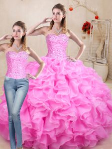 Cute Rose Pink Sleeveless Beading and Ruffles Floor Length Sweet 16 Dresses