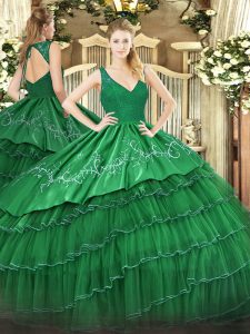 Green Satin and Tulle Zipper Quinceanera Dress Sleeveless Floor Length Beading and Embroidery and Ruffled Layers