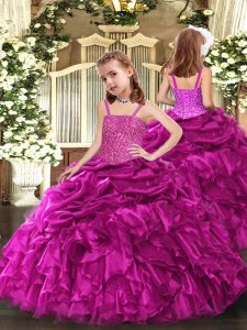 Hot Selling Organza Straps Sleeveless Lace Up Beading and Ruffles Little Girls Pageant Gowns in Fuchsia