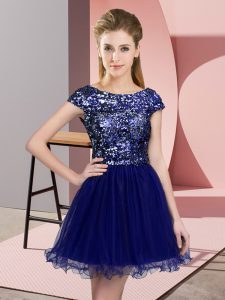 Glittering Scoop Cap Sleeves Dama Dress for Quinceanera Mini Length Sequins Blue Tulle