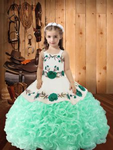 Excellent Ball Gowns Kids Pageant Dress Apple Green Straps Fabric With Rolling Flowers Sleeveless Floor Length Lace Up