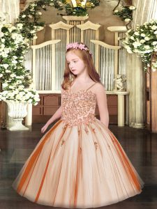 Rust Red Sleeveless Tulle Lace Up Little Girls Pageant Gowns for Party and Quinceanera