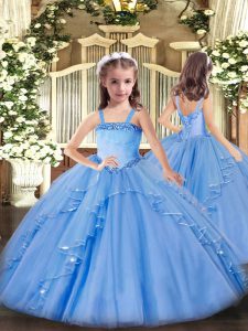 Popular Floor Length Baby Blue Girls Pageant Dresses Organza Sleeveless Appliques and Ruffles