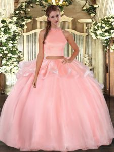 Pink Backless Sweet 16 Dresses Beading Sleeveless Floor Length