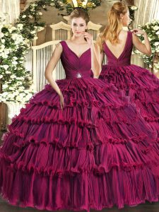 Glittering Sleeveless Floor Length Beading and Ruffled Layers Backless Quinceanera Dress with Fuchsia