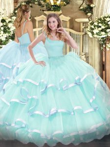 Admirable Sleeveless Organza Floor Length Zipper Quinceanera Gown in Apple Green with Beading and Ruffled Layers