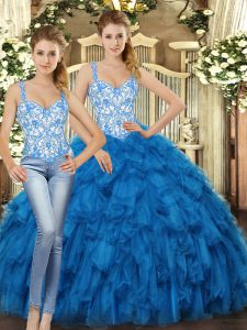 Glamorous Floor Length Ball Gowns Sleeveless Blue 15th Birthday Dress Lace Up