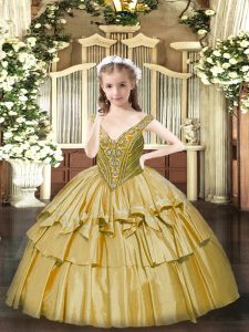 V-neck Sleeveless Girls Pageant Dresses Floor Length Beading and Ruffled Layers Gold Organza