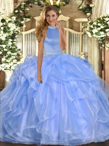 Floor Length Blue Quinceanera Dress Halter Top Sleeveless Backless