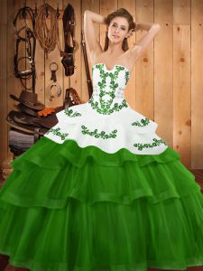 High Quality Green Ball Gowns Embroidery and Ruffled Layers 15 Quinceanera Dress Lace Up Tulle Sleeveless