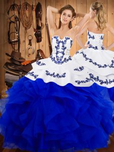 High End Strapless Sleeveless Lace Up Quince Ball Gowns Blue And White Satin and Organza