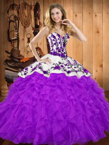 Fancy Purple Sleeveless Embroidery and Ruffles Floor Length Quinceanera Dresses