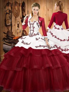 Lace Strapless Sleeveless Sweep Train Lace Up Embroidery and Ruffled Layers Quinceanera Dress in Burgundy