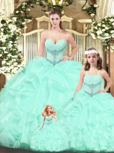 High Quality Aqua Blue Sweetheart Neckline Beading and Ruffles Quinceanera Gown Sleeveless Lace Up