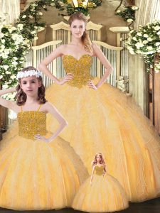 Gold Ball Gowns Tulle Sweetheart Sleeveless Beading Floor Length Lace Up 15th Birthday Dress