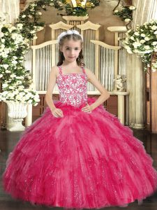 Trendy Hot Pink Ball Gowns Organza Straps Sleeveless Beading and Ruffles Floor Length Lace Up Little Girls Pageant Gowns
