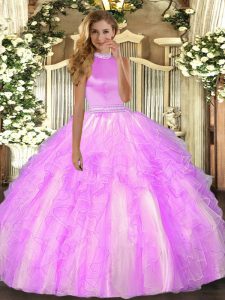 Lilac Sweet 16 Dress Military Ball and Sweet 16 and Quinceanera with Beading and Ruffles Halter Top Sleeveless Backless