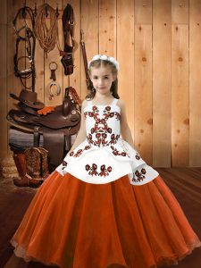 Graceful Orange Red Ball Gowns Embroidery Little Girls Pageant Dress Lace Up Organza and Tulle Sleeveless Floor Length