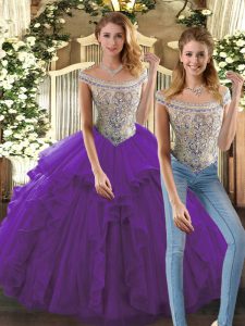 Exquisite Purple Bateau Lace Up Beading and Ruffles Quinceanera Gowns Sleeveless