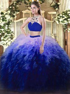 Charming Multi-color Two Pieces Tulle High-neck Sleeveless Beading and Ruffles Floor Length Backless Ball Gown Prom Dress