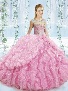 Classical Baby Pink Sweetheart Lace Up Beading and Ruffles Sweet 16 Quinceanera Dress Brush Train Sleeveless