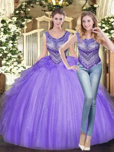 Lavender Lace Up Quinceanera Dresses Beading and Ruffles Sleeveless Floor Length