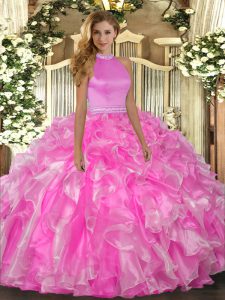 Rose Pink Halter Top Neckline Beading and Ruffles Quinceanera Gown Sleeveless Backless