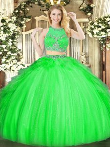 Designer Beading and Ruffles 15th Birthday Dress Green Zipper Sleeveless Floor Length
