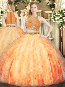 Exceptional Floor Length Orange Red Quinceanera Gowns Organza Sleeveless Beading and Ruffles