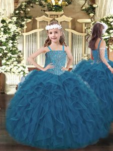 Custom Made Teal Little Girl Pageant Dress Party and Quinceanera with Beading and Ruffles Straps Sleeveless Lace Up