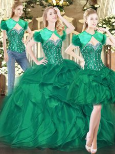 Flirting Dark Green Sleeveless Tulle Lace Up Sweet 16 Dress for Military Ball and Sweet 16 and Quinceanera