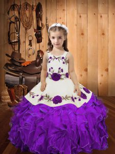 Cheap Eggplant Purple Sleeveless Floor Length Embroidery and Ruffles Lace Up Little Girl Pageant Gowns