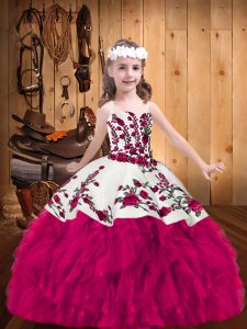 Fuchsia Ball Gowns Straps Sleeveless Organza Floor Length Lace Up Embroidery Kids Formal Wear