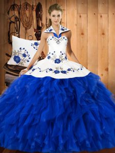 Blue And White Lace Up Halter Top Embroidery and Ruffles 15th Birthday Dress Satin and Organza Sleeveless