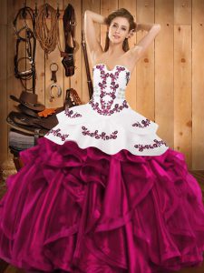 Eye-catching Fuchsia Strapless Lace Up Embroidery and Ruffles Quinceanera Gown Sleeveless