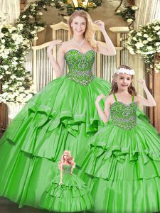 Custom Made Green Ball Gowns Organza Sweetheart Sleeveless Beading and Ruffled Layers Floor Length Lace Up Sweet 16 Dress