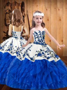 Embroidery and Ruffles Little Girls Pageant Gowns Blue And White Lace Up Sleeveless Floor Length
