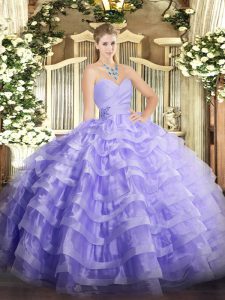 Trendy Sleeveless Organza Floor Length Lace Up Ball Gown Prom Dress in Lavender with Beading and Ruffled Layers